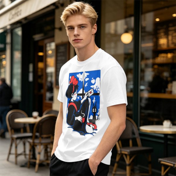 Olive t-shirt with Kiki's Delivery Service window print of girl reading letter