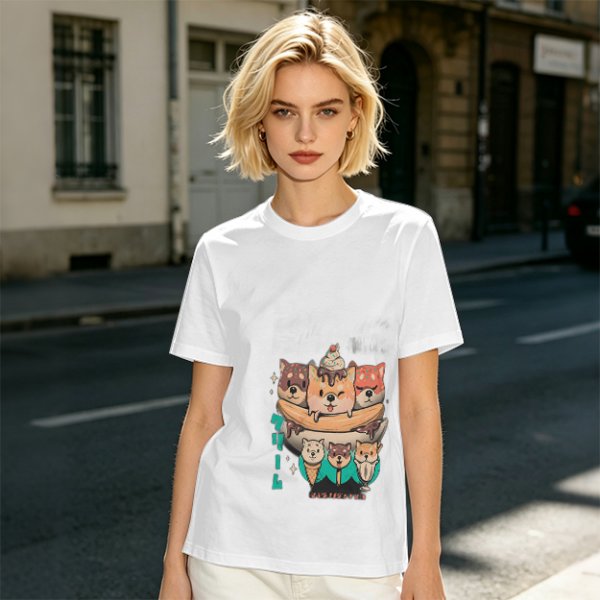 Olive green t-shirt with cute shiba inu ice cream graphic