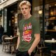 Olive green graphic tee with 'I'm here for the snacks' print