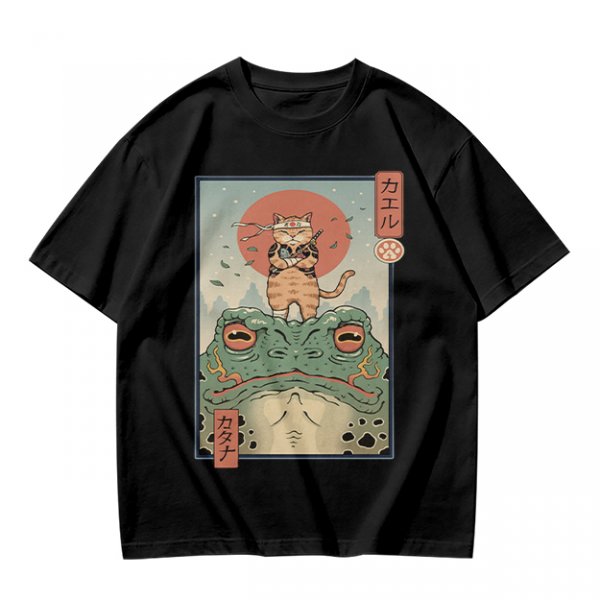 Olive T-shirt with Samurai Cat Riding Giant Frog Japanese Art Print
