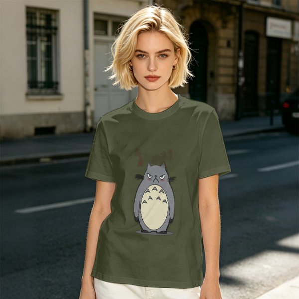 Olive T-shirt with Angry Totoro Graphic Print