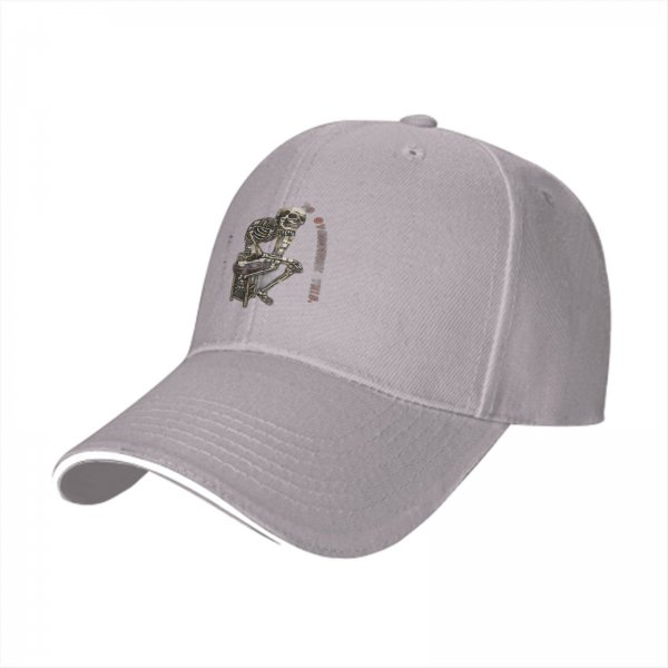 Black baseball cap with skeleton sitting on stool graphic