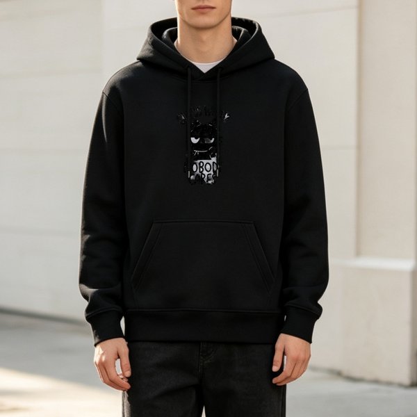 Black graphic hoodie with 'Guess What Nobody Cares' cat print