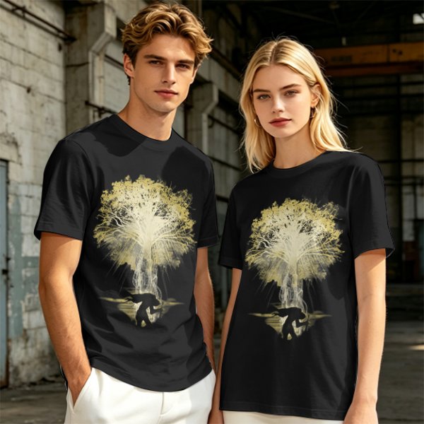 Olive Green T-Shirt With Glowing Tree Reflection Art