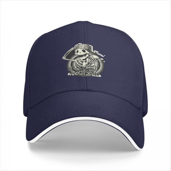 Black baseball cap with stressed skeleton graphic and crisis quote