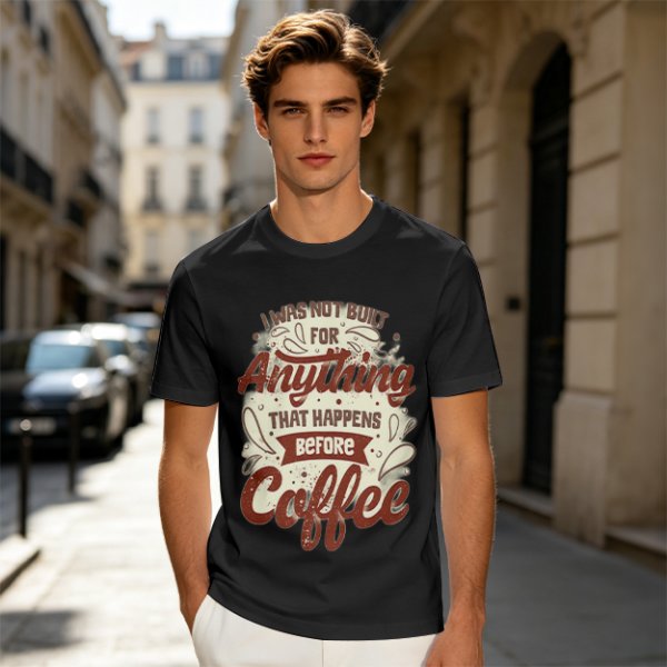 Olive t-shirt with 'I was not built for anything before coffee' print