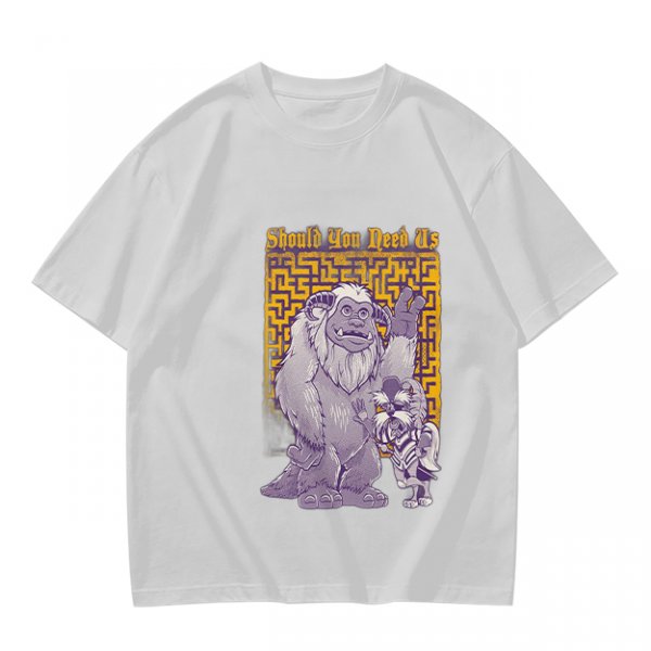 Olive graphic tee with maze and fantasy creatures reading Should You Need Us