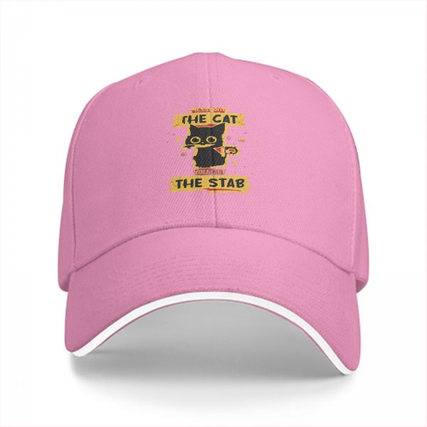 Black baseball cap with 'The Cat You Get The Stab' graphic print