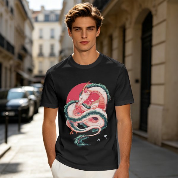 Olive T-shirt with stylized white dragon and red circular graphic print