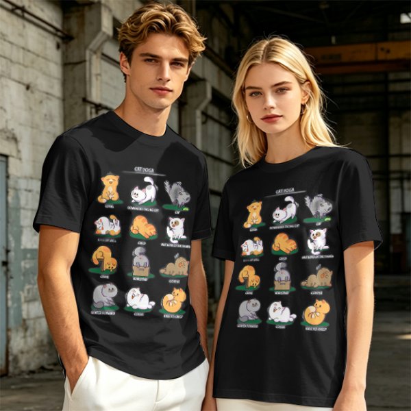 Olive Green T-Shirt With Cute Cat Yoga Pose Illustrations