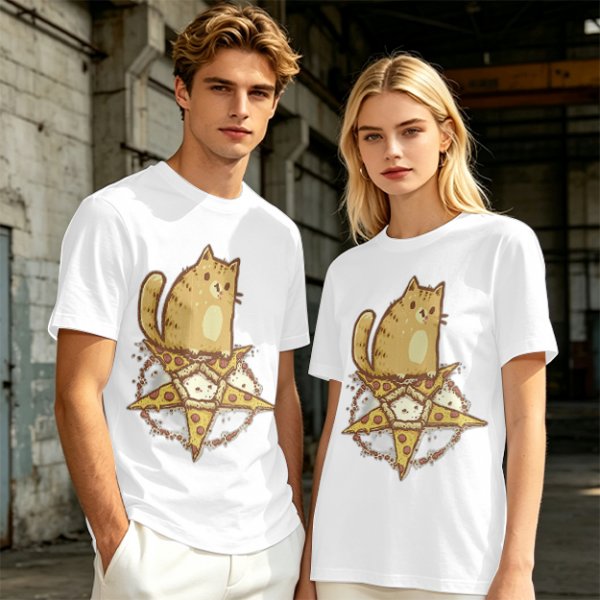 Olive T-Shirt With Cat Sitting On Pizza Pentagram Artwork