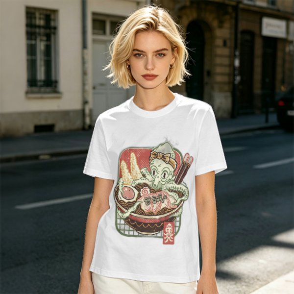 Olive T-Shirt With Octopus Chef In Ramen Bowl Graphic
