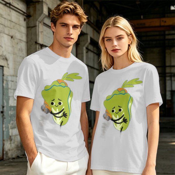 Olive Green T-Shirt With Sad Cartoon Cabbage Graphic