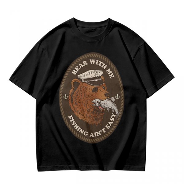 Olive t-shirt with bear captain fishing pun graphic