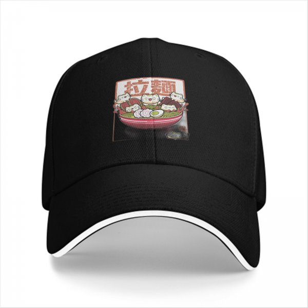 Black baseball cap with cute ramen cat graphic design