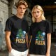 Olive Green T-Shirt with Alien Eating Pizza UFO Graphic