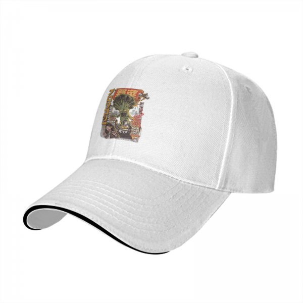 Black baseball cap with giant broccoli monster city attack print