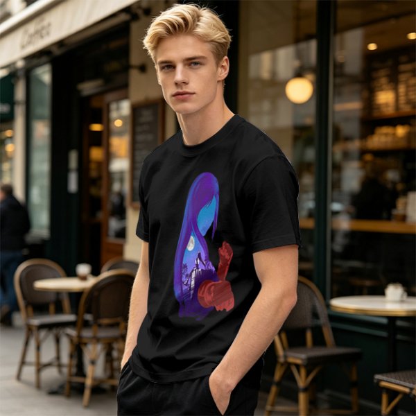 Olive T-Shirt With Purple Haired Figure Night Scene Print