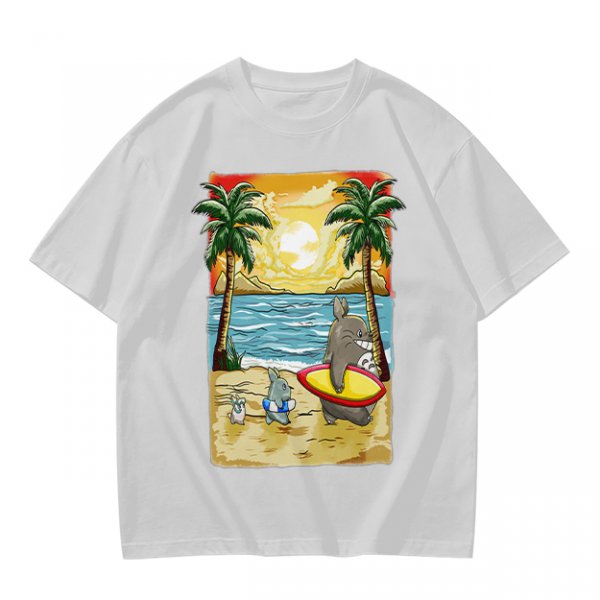 Olive T-Shirt with Beach Scene Print Featuring Totoro and Friends
