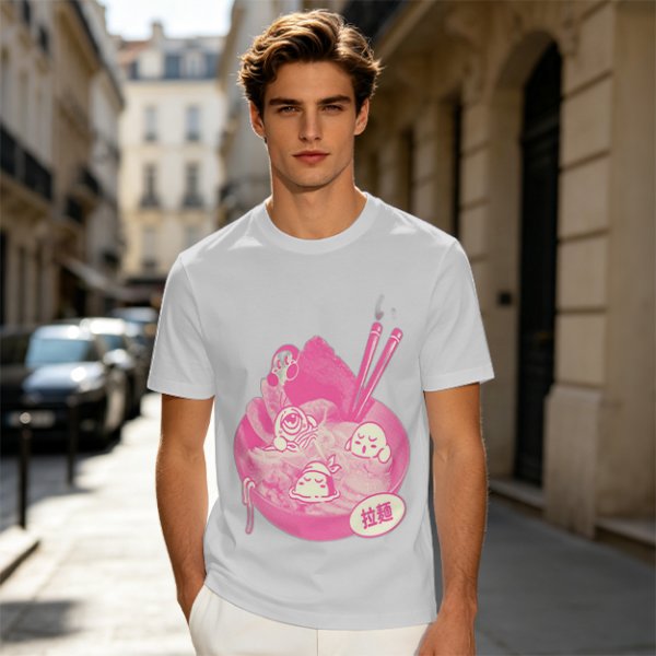 Oversized dark green t-shirt with cute pink ramen bowl graphic