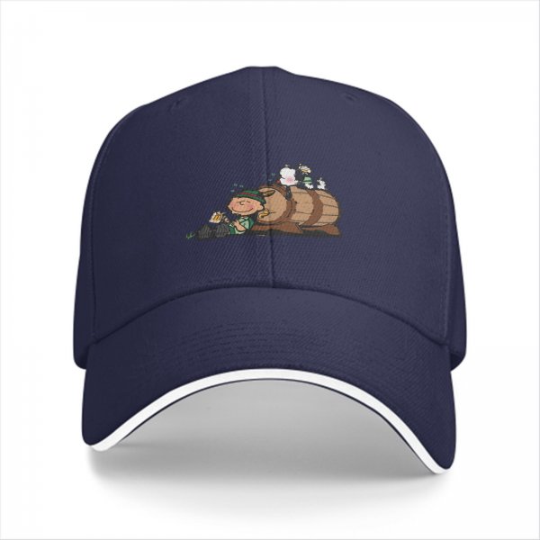 Black baseball cap with cartoon leprechaun and beer barrel graphic