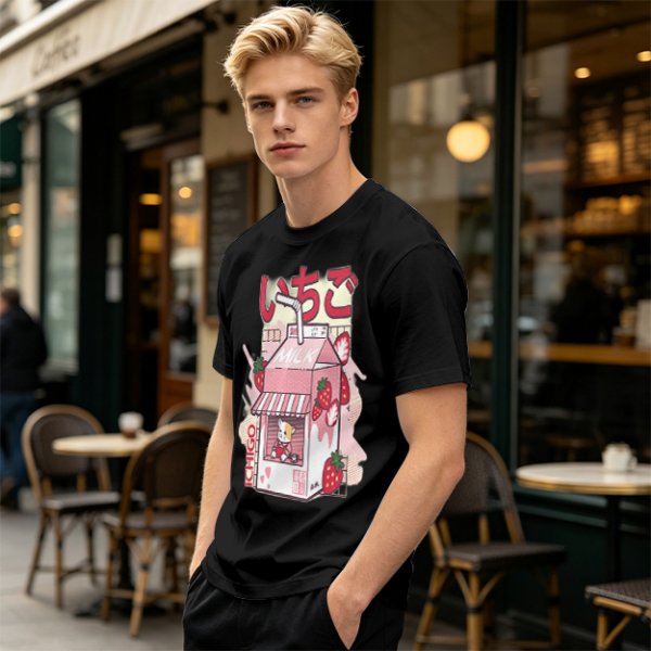 Olive T-Shirt with Strawberry Milk Carton Cat Shop Graphic