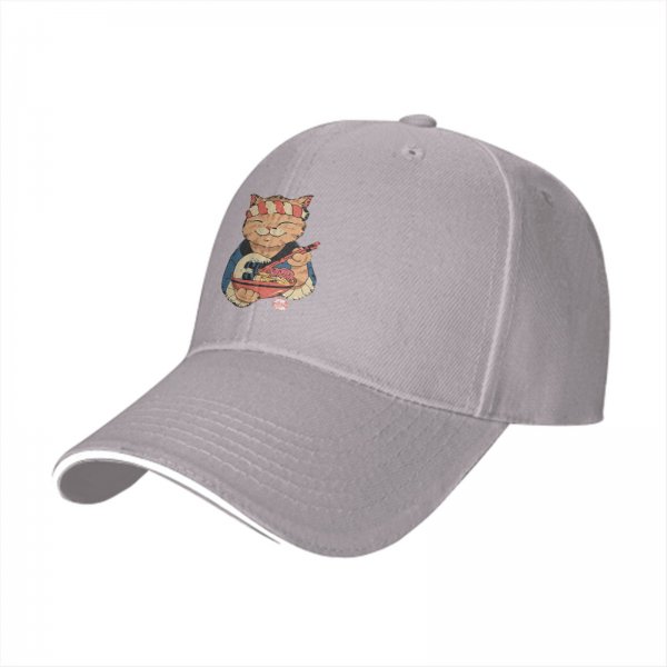 Black Baseball Cap with Japanese Ramen Chef Cat Graphic