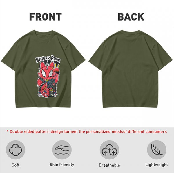 Olive T-shirt with Spider-Punk Cat Playing Guitar Graphic