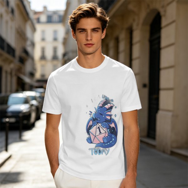 Olive T-Shirt With Sad Dragon Holding D20 Natural 1 'Like A Today' Print