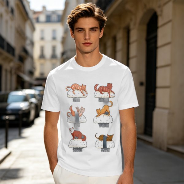 Olive green t-shirt with sushi cat illustrations