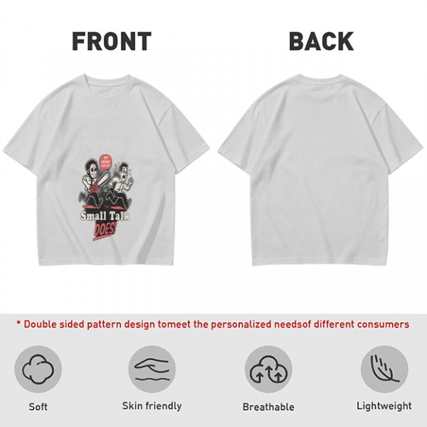 Olive graphic t-shirt with chainsaw man chasing scared person and 'Small Talk Does!' text