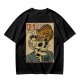 Olive t-shirt with a skull ramen bowl and a napping tabby cat print