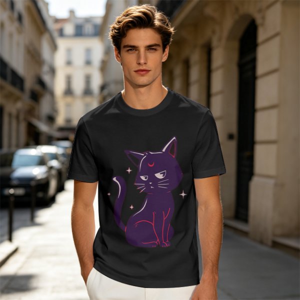 Olive T-Shirt with Sassy Black Cat and Crescent Moon Graphic