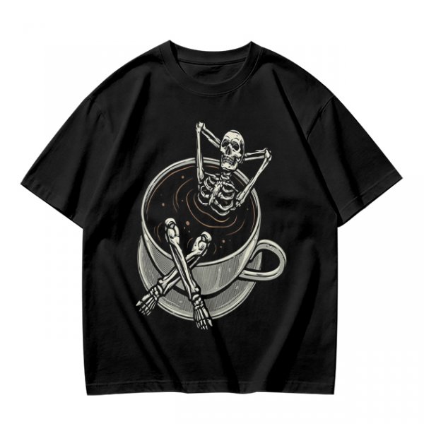 Olive T-shirt with skeleton relaxing in coffee cup graphic