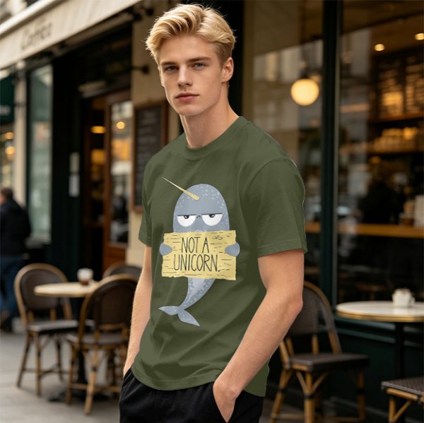 Olive T-Shirt With Grumpy Narwhal Holding Not A Unicorn Sign