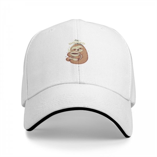 Black baseball cap with sloth holding coffee and 'doing' text