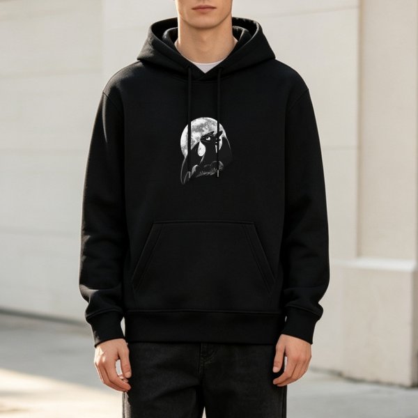 Black hoodie featuring a dragon silhouette against a full moon