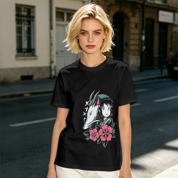Olive T-shirt with Spirited Away Haku and Chihiro Anime Art Print