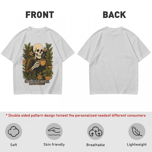 Skeleton with Coffee and Plants T-Shirt Graphic