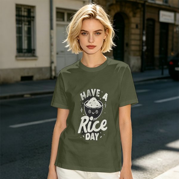 Olive t-shirt with 'Have a Rice Day' and cute rice bowl graphic