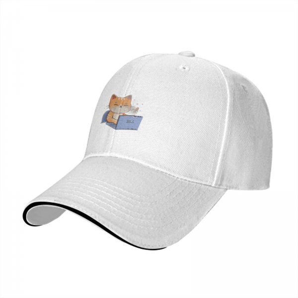 Black baseball cap with a cartoon cat working on a laptop print