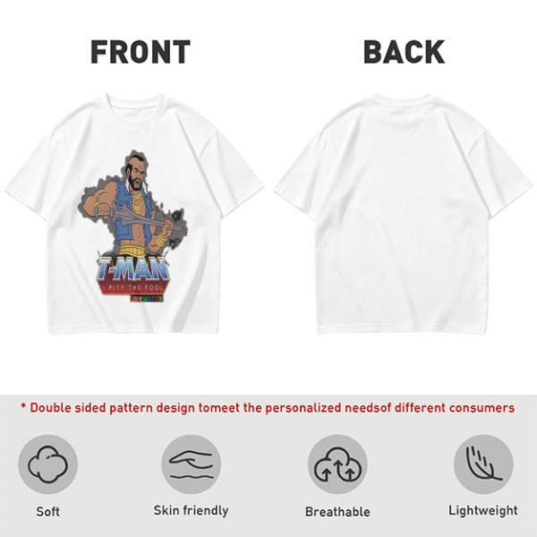 Olive T-shirt with T-Man He-Man parody graphic and 'I Pity The Fool' text
