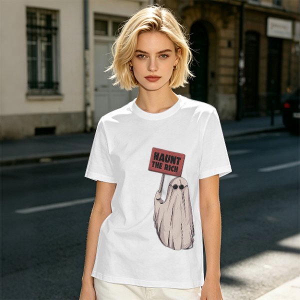 Olive T-Shirt With Ghost Holding 'Haunt The Rich' Protest Sign