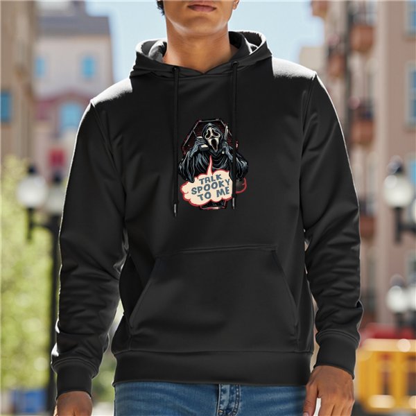 Black hoodie with Ghostface 'Talk Spooky To Me' horror print
