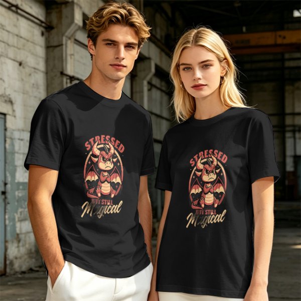 Olive graphic t-shirt with stressed but still magical dragon print