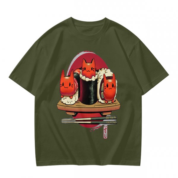 Olive t-shirt with cute cat sushi characters on a wooden platter