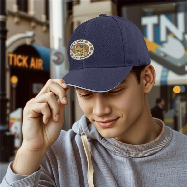 Black baseball cap with coffee makes me less murderous frog graphic