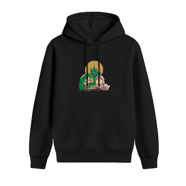 Black Hoodie With Fantasy Castle And Character Graphic Print