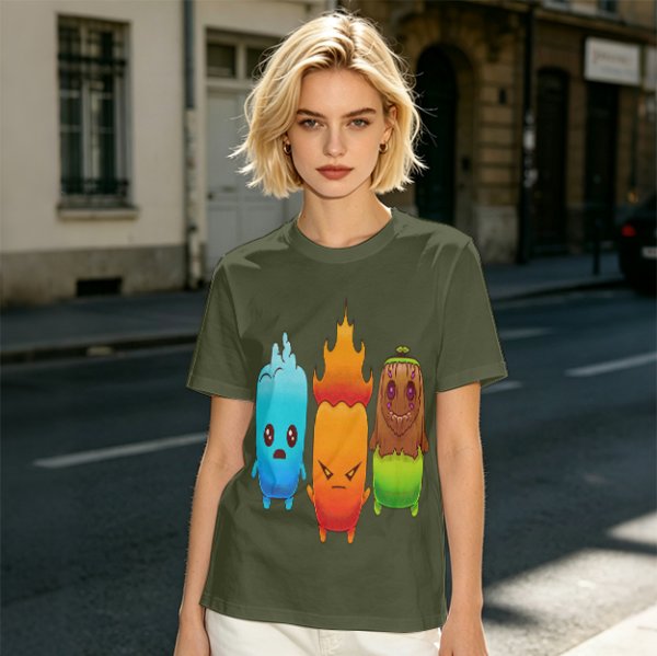 Olive T-Shirt With Cute Water Fire And Earth Elemental Characters