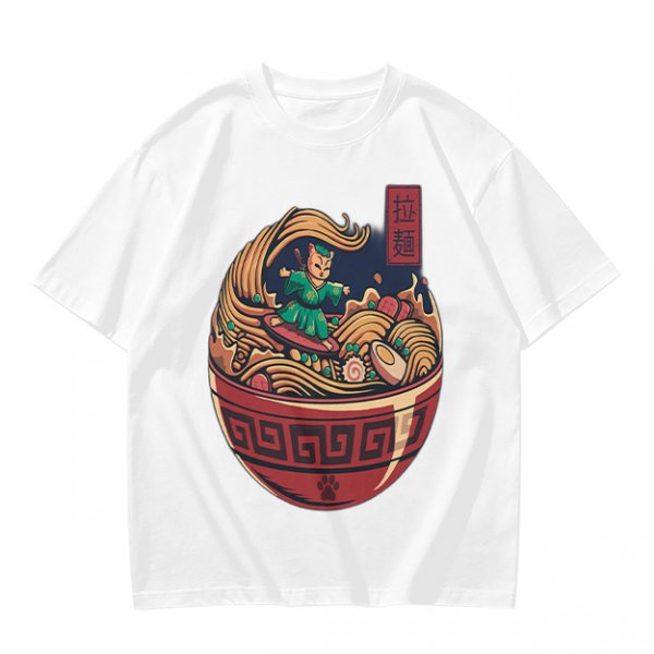 Olive T-shirt with Samurai Cat Surfing Ramen Bowl Art